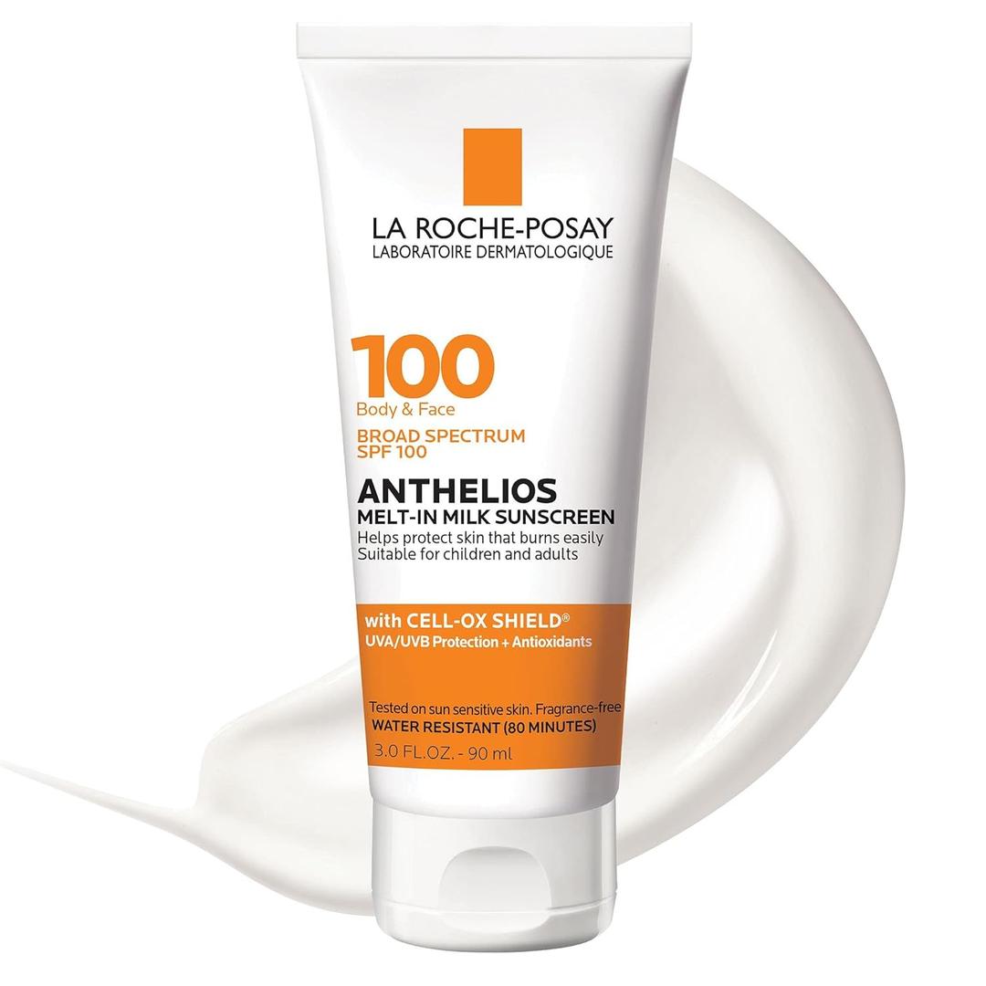 La Roche-Posay Anthelios Melt-In Milk Sunscreen SPF 100, Sunscreen For Body & Face, Broad Spectrum SPF + Antioxidants, Oil Free, For Sun Sensitive Skin, Oxybenzone Free (3 Fl Oz (Pack of 1))