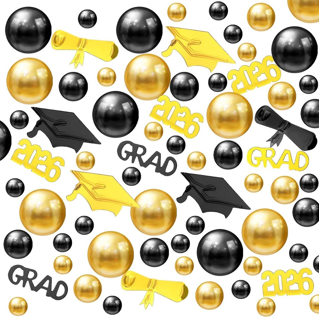 Suncalla 124 Pcs Black and Gold Graduation Vase Filler 2026 Grad Hat Table Decoration Graduation Caps Centerpiece Beads Pearls for Vases Filler 2026 High School College Grad Party Table Decor