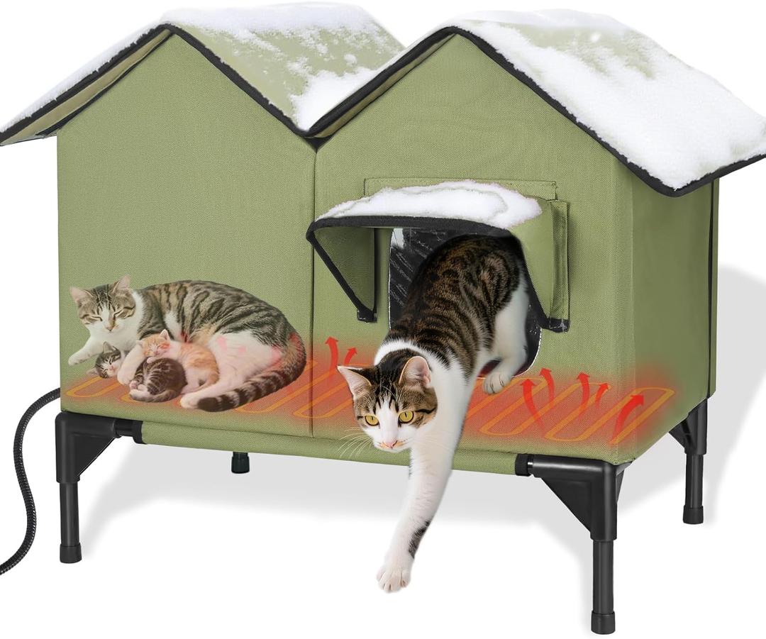 Heated Cat House for Outside Winter, Large Heated Outdoor Cat House Weatherproof, Elevated Bed, Escape Door, Insulated Outdoor Cat Shelter with Heater for Multiple Cats, Feral Stray Kitty, Easy Setup