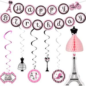 Outus Paris Birthday Party Decorations Set, Eiffel Tower Themed Decoration for Oh La La Baby Shower, Paris Banner Honeycomb Centerpiece Cutout Hanging Swirl Decoration for Theme Party Supplies