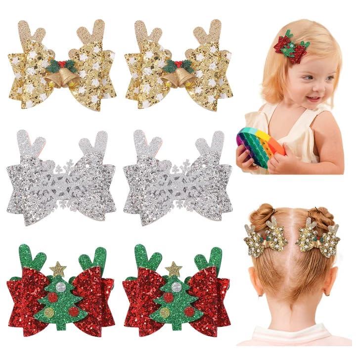 choicbaby 6pcs Christmas Hair Bows Clips 3" Glitter Sequin Baby Girl Hair Bows Christmas Tree Snowflake Bell Hair Accessories for Baby Girls Toddler Kids