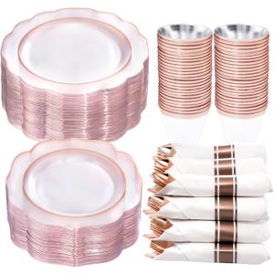 NOCCUR 350PCS Rose Gold Plastic Plates - Clear Rose Gold Disposable Dinnerware Set - Include 100 Dinner/Dessert Plates,50 Cups,50 Pre Rolled Napkins with Cutlery Set - Ideal for Party&Wedding
