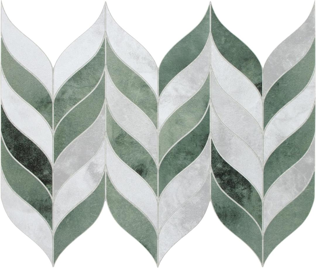 sunwings 10-Sheet Leaf Waterjet Peel and Stick Backsplash, 12.4" x 10.7" Green Cement Looks Self-Adhesive Wall Tiles, Stick on Backsplash for Kitchen & Bathroom