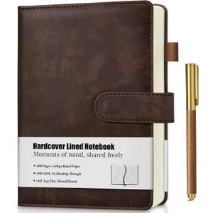 Lined Journal Notebook for Men, Leather Hardcover Notebook with Pen, A5 Journaling Notebooks for Work, 200 Pages 100 GSM Thick College Ruled Diary for Writing, Business, Office 5.75" x 8.38" Brown