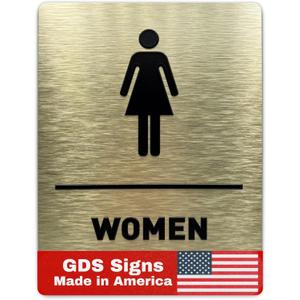 Women Bathroom Sign by GDS - ADA Compliant, Wheelchair Accessible, Raised Icons, & Grade 2 Braille - Includes Adhesive Strips for Easy Installation - Bathroom Signs for Business, Restroom sign, Restroom Signs for Business - 6" W x 8" H (Brushed Gold) - Made in USA