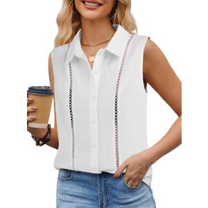 Remidoo Women's Sleeveless Button Down Shirt Eyelet Blouses Collared Tank Tops White Small