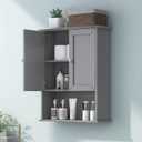 Grey Wall Mounted Bathroom Cabinet 24x30 Inch Wooden Over Toilet Storage Cabinet with 2 Doors, Above Toilet Medicine Cabinets for Bathroom Laundry Room Bedroom Kitchen (24x30 Silver Handle+Open Space)