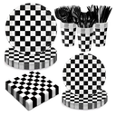 100 Pcs Racing Checkered Party Supplies Set, Serves 25 – Disposable Black and White Checkerboard Paper Plates, Napkins, and Forks, Race Car Themed Tableware for Birthday, and Racing Table Decorations