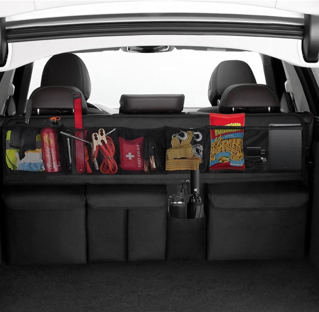 Gluebar Car Trunk Organizer and Storage (41" X 20"), Back Seat Hanging Bag for SUVs, Trucks, and MPVs  Waterproof, Foldable Car Storage Bag with 5 Pockets, Mesh Pocket, and Snap(Black).