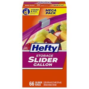 Hefty Slider Kitchen Storage Bags, Gallon Size, Zipper Closure, 66 Count