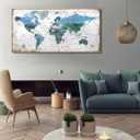 Framed Wall Art World Map Wall Art Canvas Picture 20inchx40inch Large Blue Map of The World Canvas Painting Artwork Prints for Office Wall Decor Home Living Room Decorations Framed Ready to Hang