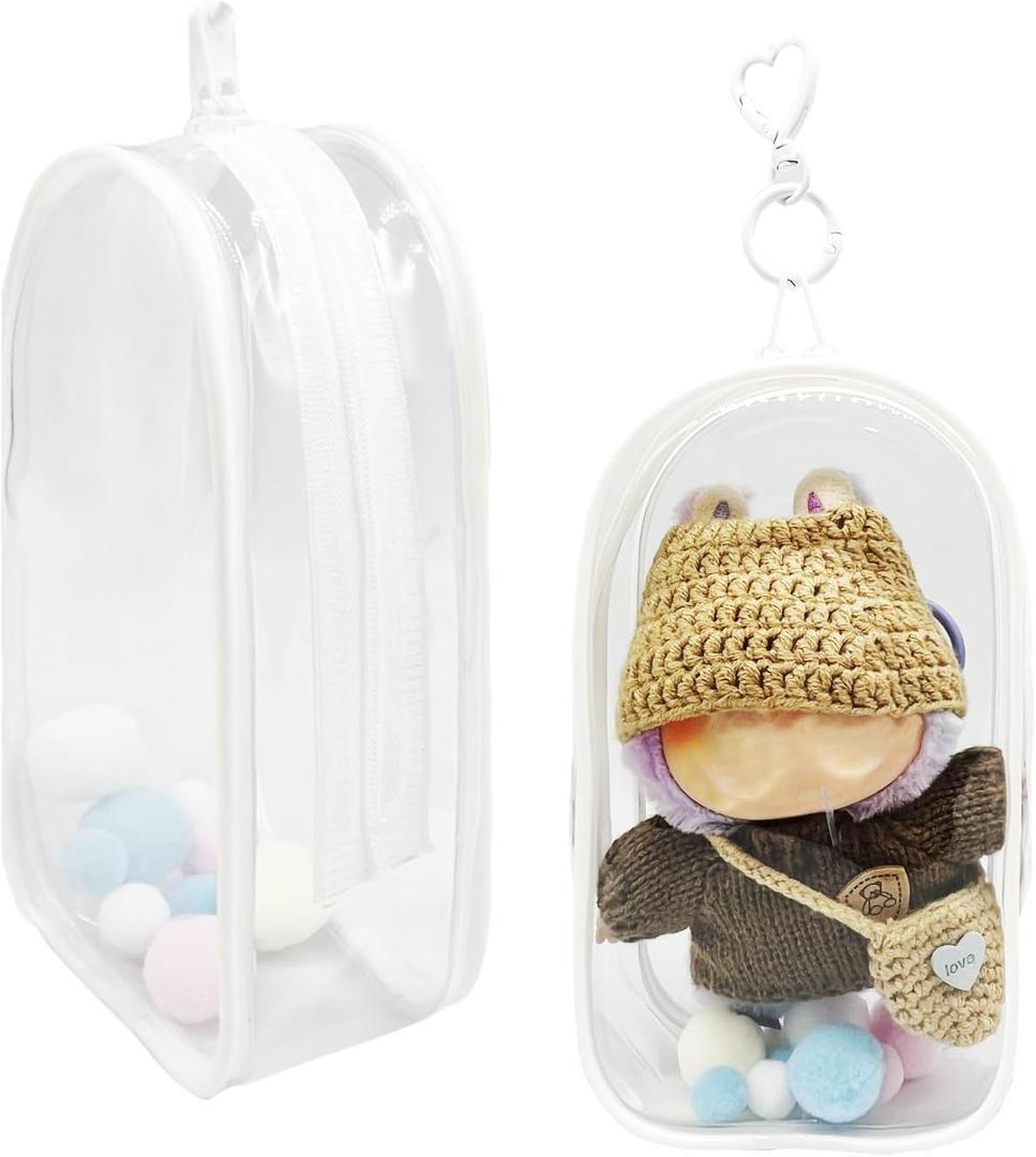 Clear Doll Display Bag Keychain - Portable Hanging Storage Case for Blind Boxes, Mini Figures, Anime Collectibles, Dustproof PVC Organizer with Pompom Balls (7.4 Inches)