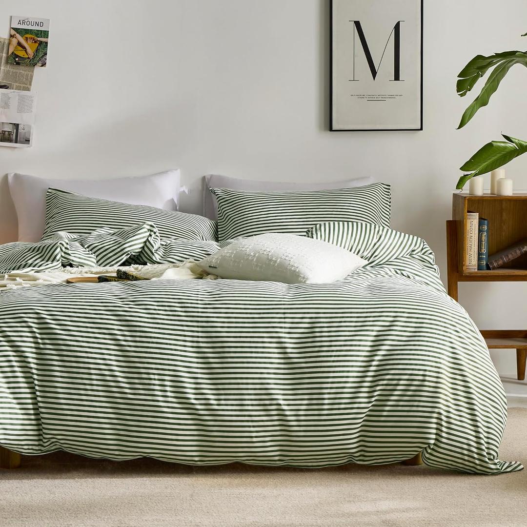 JELLYMONI 100% Natural Cotton 3pcs Striped Duvet Cover Sets,White Duvet Cover with Green Stripes Pattern Printed Comforter Cover,with Zipper Closure & Corner Ties(King Size)
