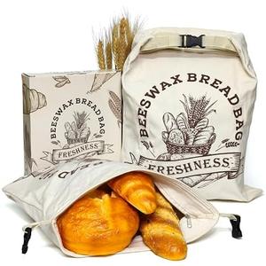 2 Pack Reusable Beeswax Bread Bags for Sourdough & Homemade Bread - XL Organic Cotton with Zipper & Snap Closure Freezer-Friendly Freshness Preservation