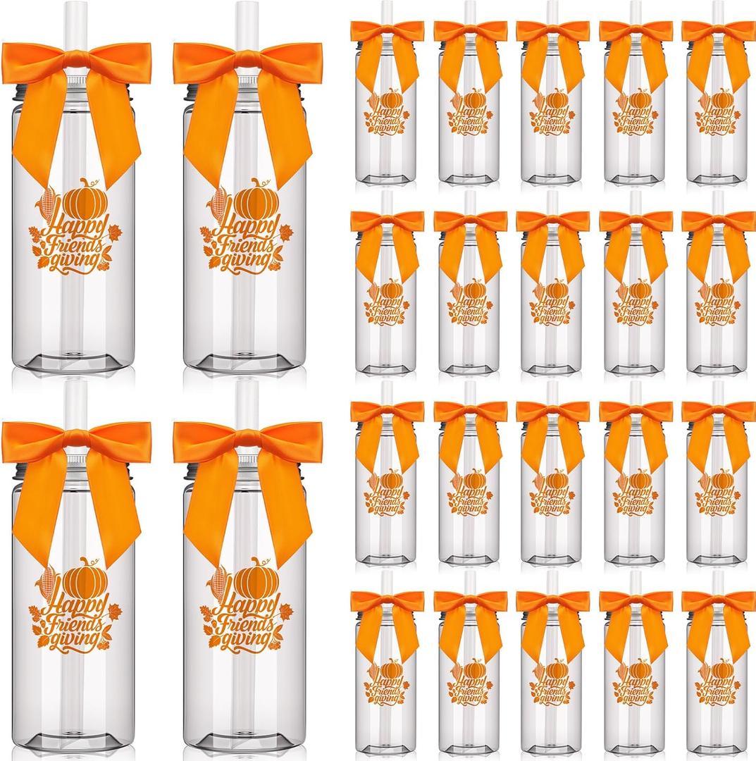 24 Pack Happy Friends Giving Plastic Cups with Lids and Straws 13.5 oz Reusable Thanksgiving Bow Water Bottles Fall Pumpkin Tumblers Bulk for Autumn Celebration Decorations Appreciation Gifts