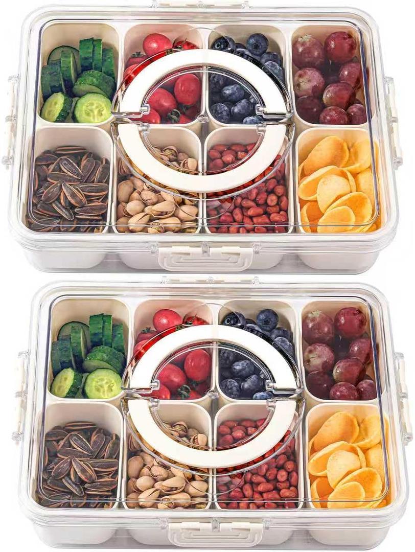 shopwithgreen 2Pcs Divided Serving Tray with Lid and Handle, Portable Snackle Box Snack Containers for Charcuterie, Party, Veggies, Snack, Fruit, Nuts, Candy, Chip, Entertaining, Picnic (8 Compartments-2pcs, White)
