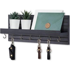 Lwenki Decorative Key Holder for Wall with Shelf, Entryway Shelf with Hooks Holds Leashes, Jackets and Glasses Sturdy Wood Keyholder Entrance Hanger with Mounting Hardware (Black, Large)