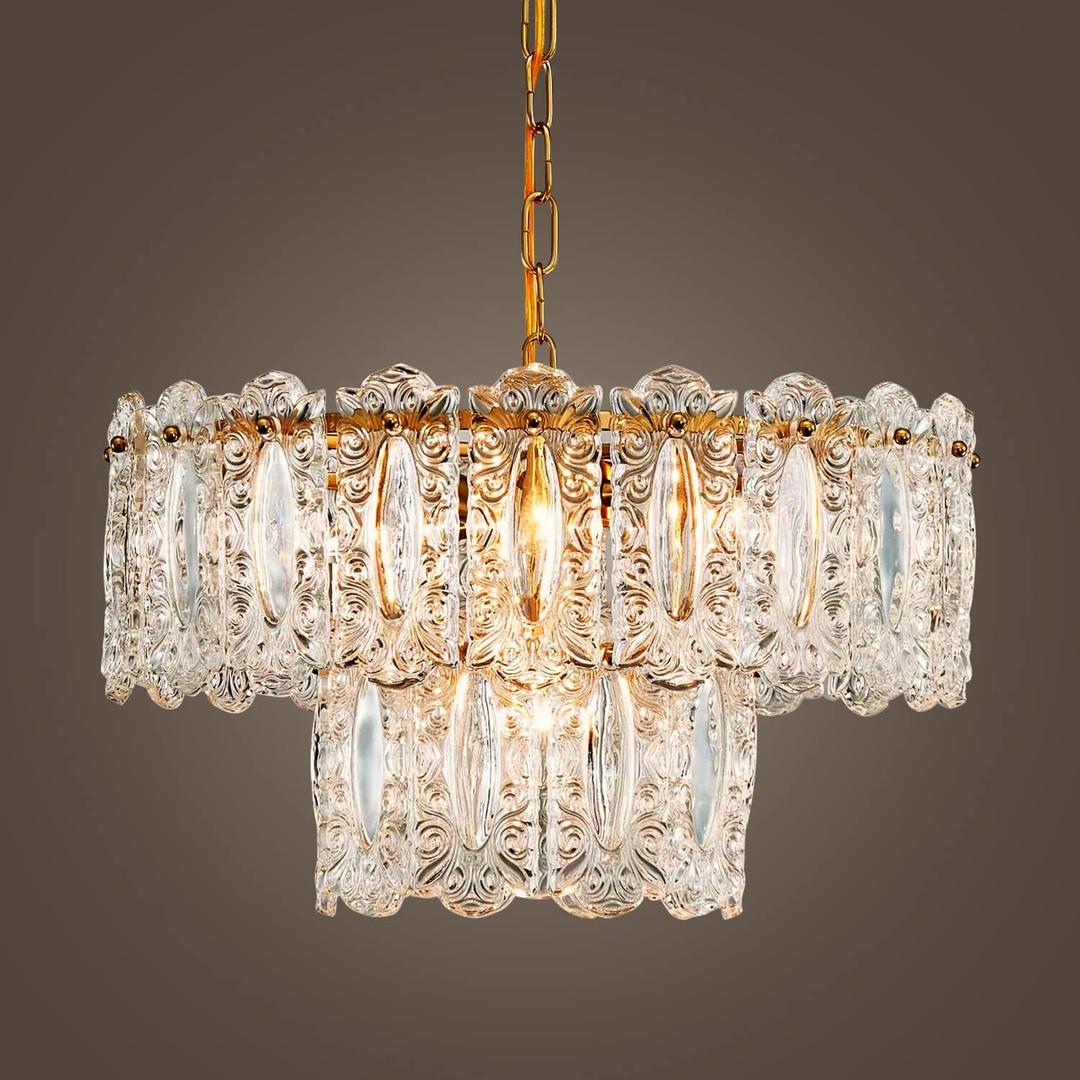 AGV LIGHTING Elegant Glass Chandelier Light Fixture, Modern Vintage Pendant Chandelier Lighting for Dining Room, D18 x H10, 2- Tier Shade & Brass Gold Finish