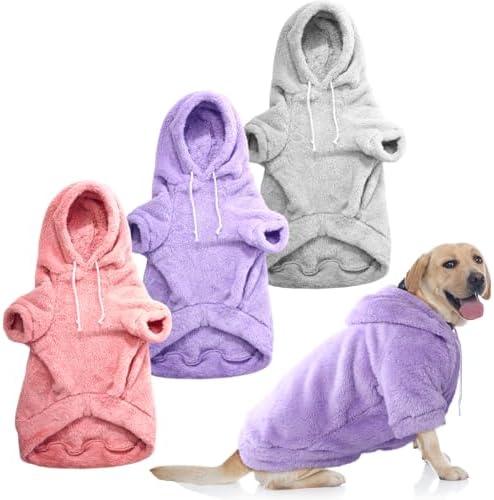 Reginary 3 Pcs Winter Fuzzy Dog Sweaters Girl Boy Dog Hoodies Puppy Hooded Sweatshirts, Warm Soft Fall Cold Comfort Pet Clothes Pet Coats for Small to Large(Grey, Pink and Purple,XL)