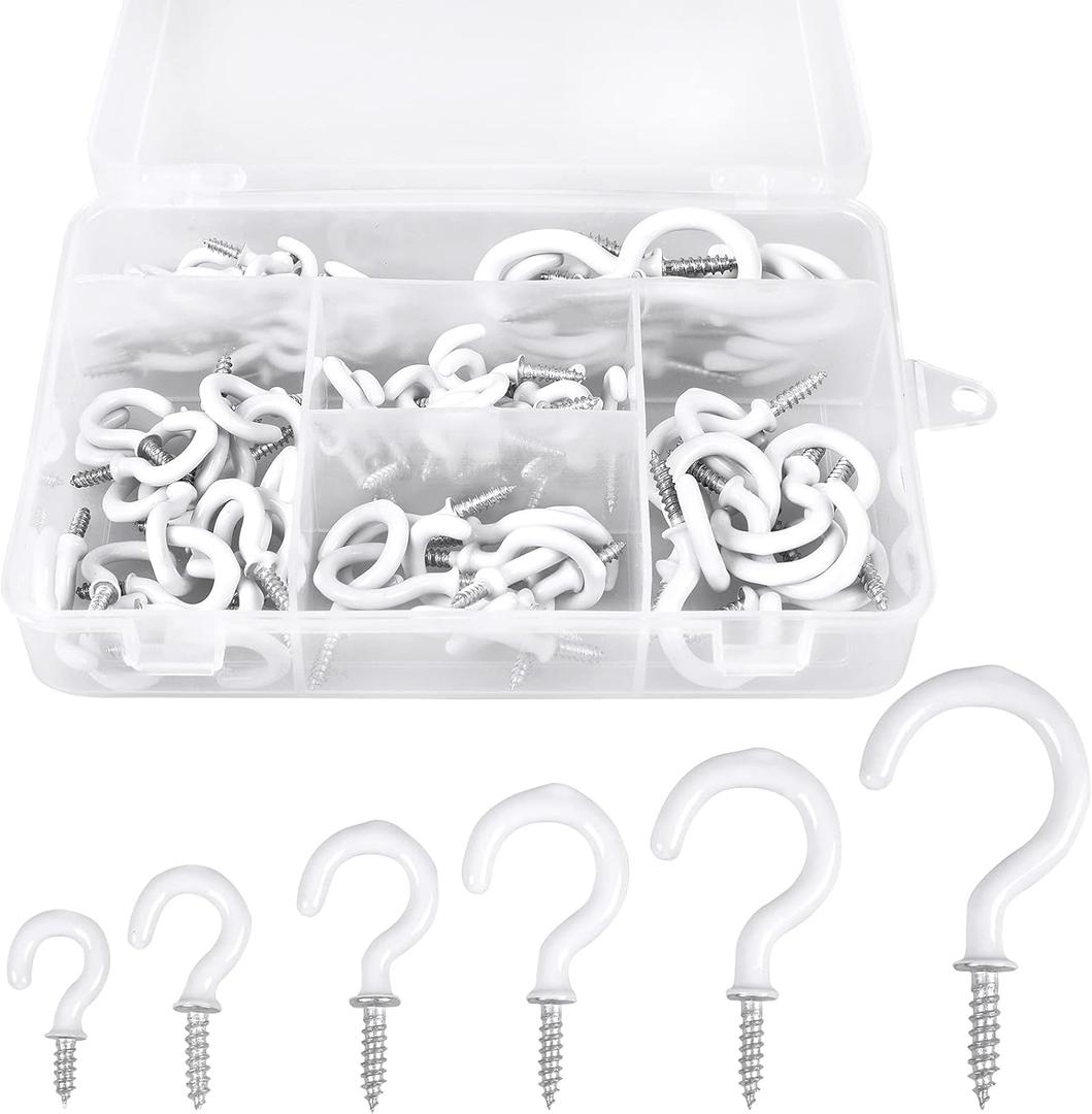 Romeda 90 Pcs White Ceiling Hooks kit, 6 Sizes Vinyl Coated Screw-in Plant, Kitchen, Cup, Ceiling Hooks for Hanging (1/2in, 5/8in,3/4in,7/8in,1'',1-1/4in)