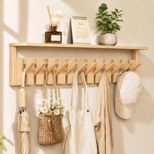 Coat Rack with 12 Hooks,Coat Hooks Wall Mount with Shelf,Decorative Wall Storage for Jackets,Hats,Scarves,Bags,Entryway,Bedroom,Living Room