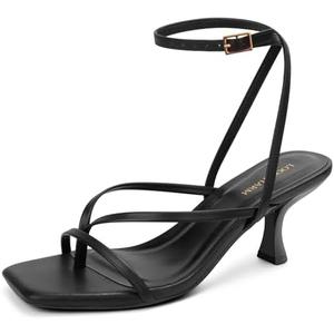 LOOPCHARM Women's Kitten Heel Strappy Open Square Toe Thong Ankle Strap Heels for Wedding Size 8