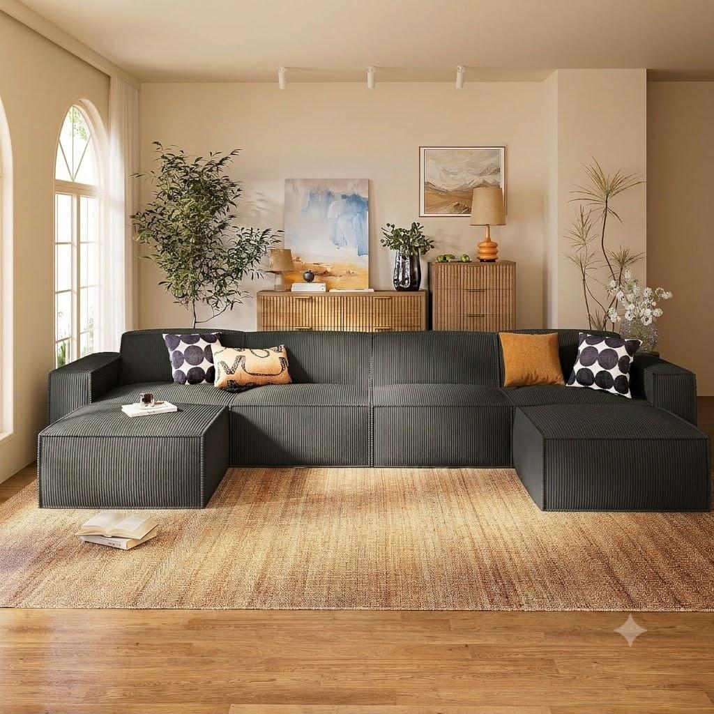 Marsail Modular Sectional Sofa, 142" U-Shaped Modular Sectional Couch with Deep Seat, Freely Combinable Sectional Cloud Sofa for Living Room, No Assembly, Plush Corduroy Fabric, Grey