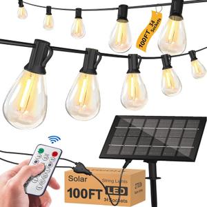Solar String Lights for Outside 100FT with Remote 8 Lights Mode, Weatherproof Shatterproof S14 LED Bulb 34 Sockets, Outdoor Patio Light for Backyard Porch Cafe, 100FT 34 Sockets S14