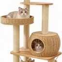 55" Wood Cat Tree for Indoor Cats Large Adult,Tall Cat Tower with Scratching Post and Cozy Hammock for Large Cat,Multi-Level Modern Cat Condo with Hand-Woven,Easy to Assemble and Clean