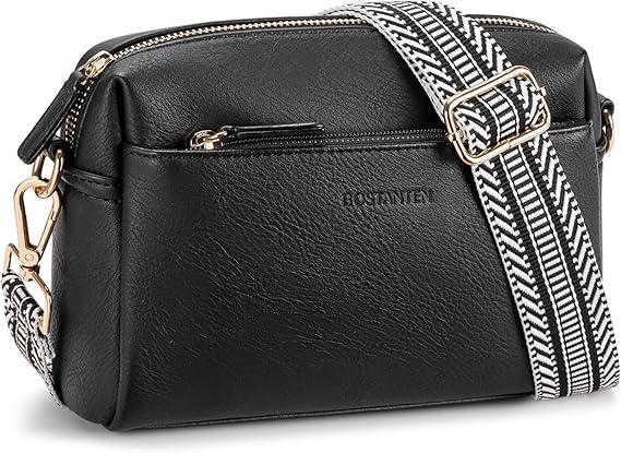 BOSTANTEN Crossbody Purse for Women Triple Zip Cell Phone Leather Handbag with Colored Shoulder Strap, Blac
