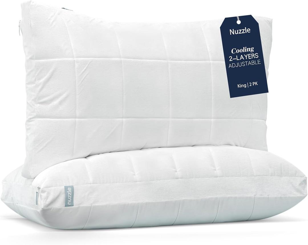 Nuzzle Cooling Adjustable Pillows for Side Sleepers, Luxury King Size Set of 2 Bed Pillows Hotel Collection - Best Adjust Height Soft Firm Pillows for Back, Stomach and Side Sleepers (White)