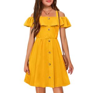 Arshiner Girl's Dresses Cute Spaghetti Strap Button Front Summer Party A-Line Dress Mustard 6-7 Years