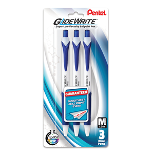 Pentel GlideWrite Ballpoint Pen with TechniFlo Ink, (1.0mm) Medium Line, Blue Ink, 3-Pk - Bulk