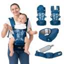 BabbleRoo Grow Carrier  Safety-Certified 6-in-1 Baby Carrier with Hip Seat, Ergonomic & Adjustable Toddler Carrier 7-50 lbs with Hip Support, Hood for Sun Protection, Newborn to Toddler, Denim Leaves