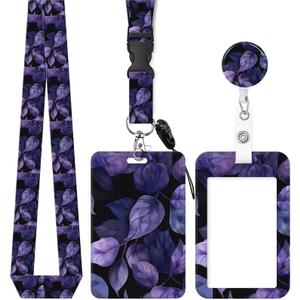 5 x ID Badge Holder with Retractable and Detachable Lanyard, Cute Badge Reel Breakaway Lanyard with Carabiner Clip for Women, Teachers, Nurses, Students, Perfect Work and Office(Purple Leaves)