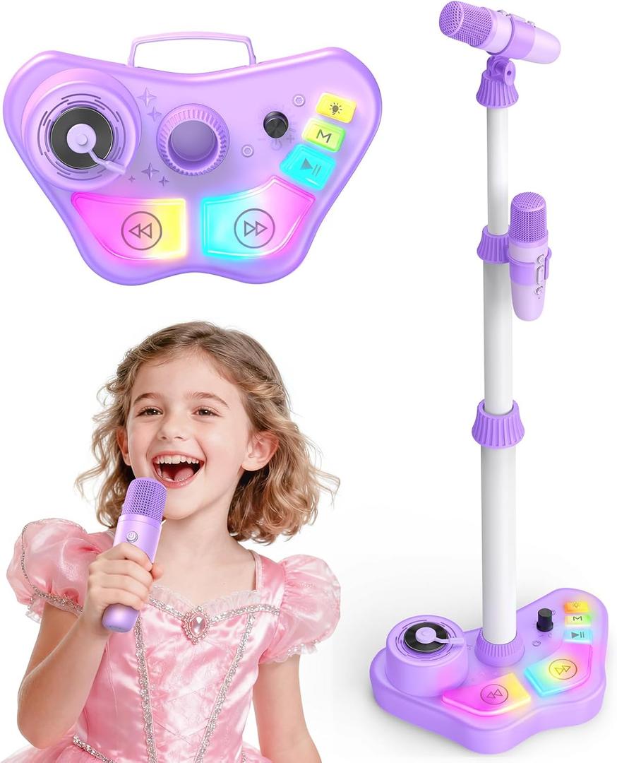 Kids Stand Rechargeable Karaoke Machine Toys with 2 Wireless Mic, Microphone Gifts for 3 4 5 6 7 8 Year Old Girls Grandkids, Bluetooth Speaker with LED Lights Birthday Gift for Age 3-8 (Purple)