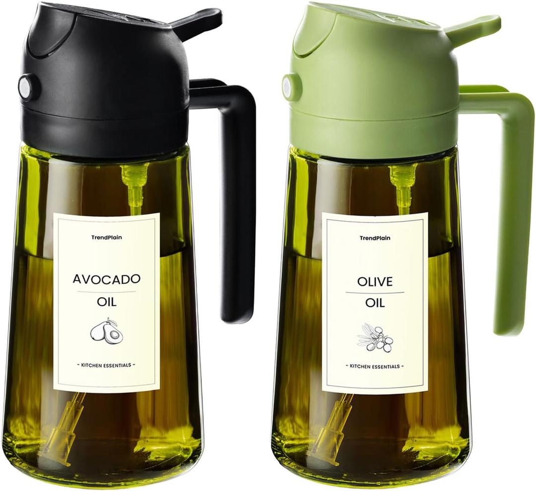 TrendPlain - Original 16oz/470ml Olive Oil Dispenser Bottle for Kitchen Gadgets and Air Fryer Accessories - Olive Oil Sprayer for Cooking w/Stickers - Black&Green