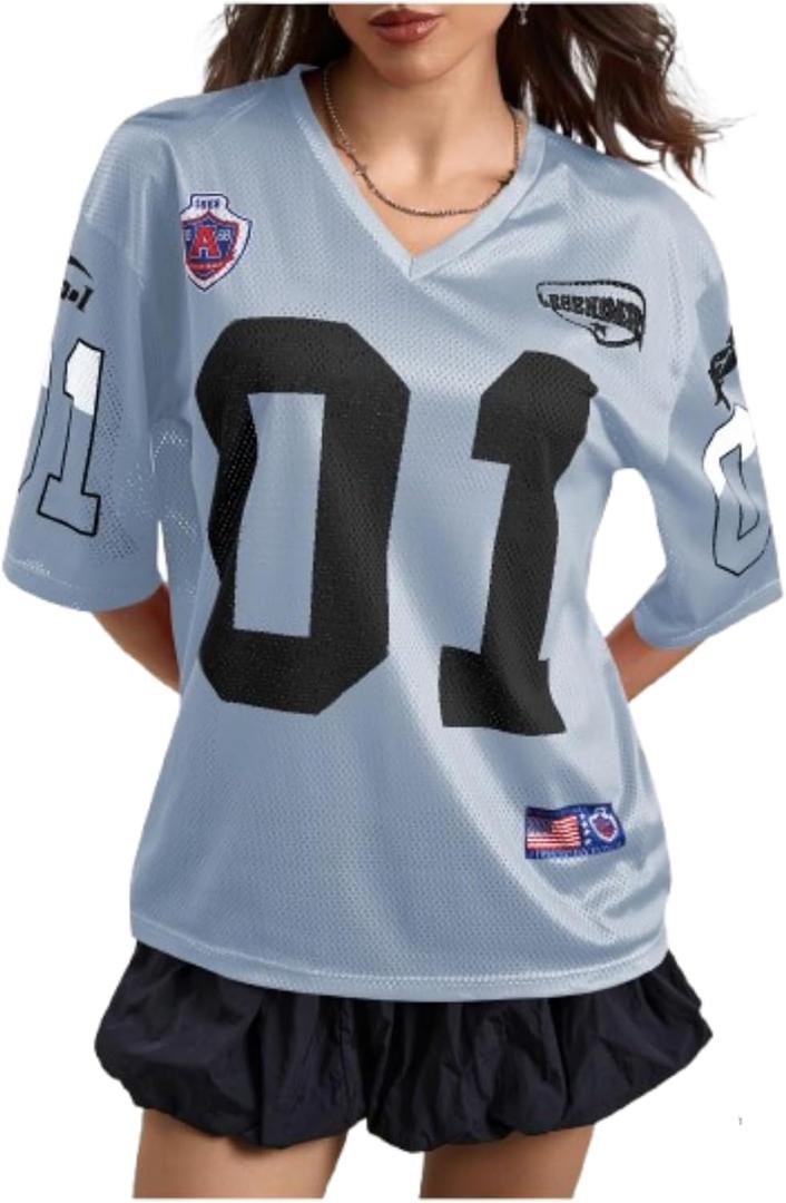 Women's Number Graphic Mesh Jersey Shirt V Neck 3/4 Sleeve Football Tee Tops Sportswear (L)