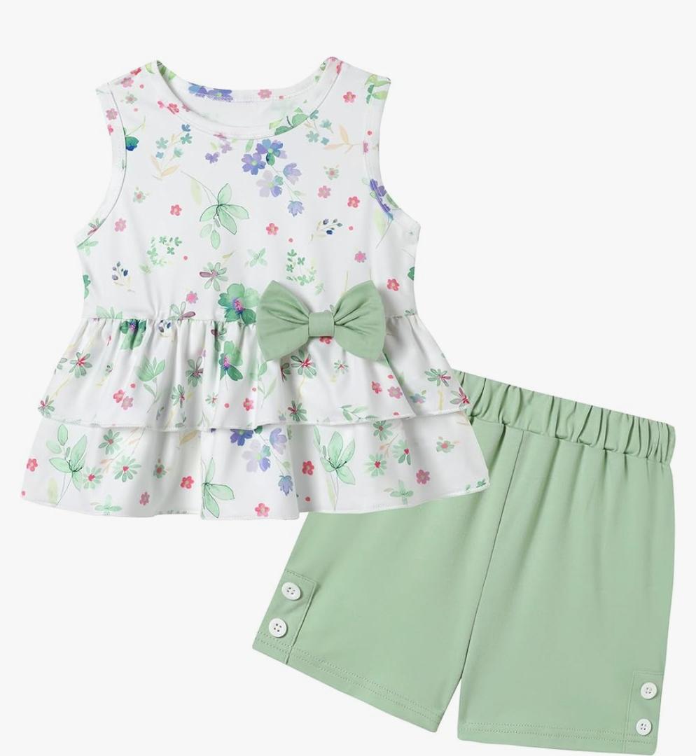 YUEMION Toddler Girl Clothes, 2Pcs Baby Girl Summer Outfits Sleeveless Bow Knot Tank Shirts Tops + Shorts Clothing Sets 3-4T
