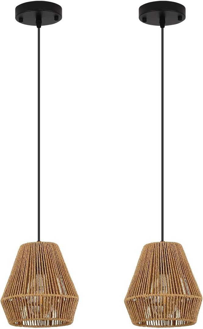 Woven Pendant Light,7" Boho Hanging Lamp with Handwoven Rattan Lamp Shade,Coastal Farmhouse Pendant Light Fixtures for Kitchen Island Bedroom Living Room Bar Foyer Hallway,2 Pack (7"Brown 2 Pack)