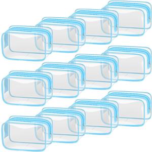 TISRATOK 12 PCS Clear Makeup Bag for Women with Zipper, TSA Approved Toiletry Pouch, Cosmetic Bag Bulk for Travel Organizer Essentials - Blue,Small
