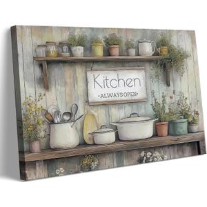QQL Rustic Kitchen Canvas Wall Art Farmhouse Pots Pans Kitchen Always Open Wall Decor Picture Country Still Life Floral Painting for Dining Room Home Decoration Ready to Hang