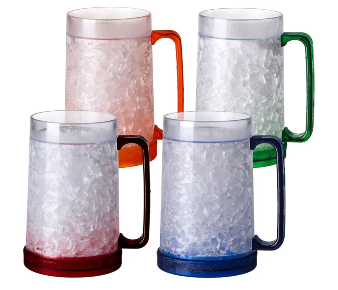 Double Wall Gel Frosty Freezer Ice Mugs Clear 16oz Set of 4 (Blue, Red, Orange and Green)