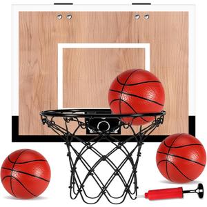 Indoor Basketball Hoop for Kids, Mini Basketball Hoops Over The Door and Wall Mount with Wooden Backboard, 3 Balls and Pump, Idea Toys Gifts for Kids and Adult