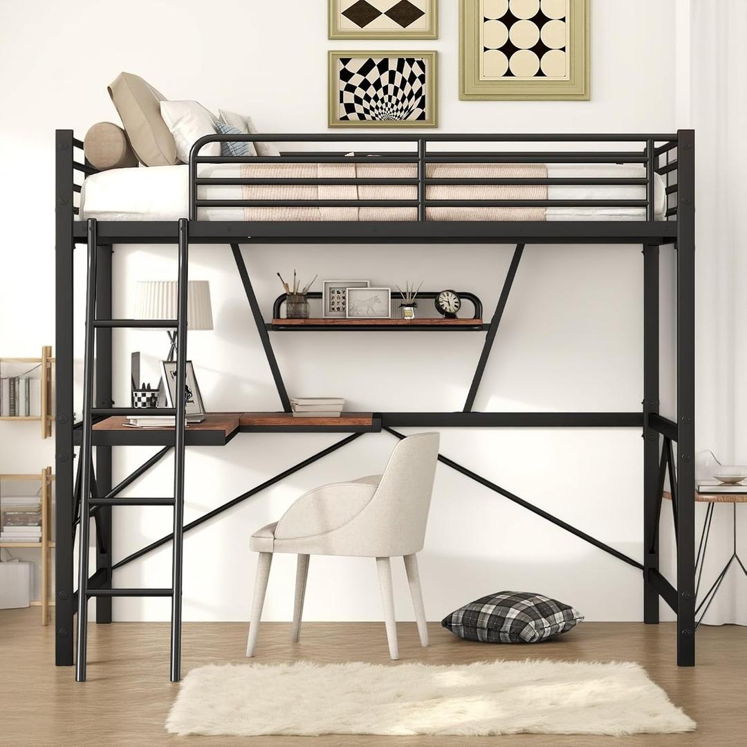 Full Size Loft Bed with L-Shaped Desk & Storage Shelves, Heavy Duty Metal Bedframe w/Guardrails and Ladder, Space Saving loftBed for Kids Teens Adults, No Box Spring Needed, Black