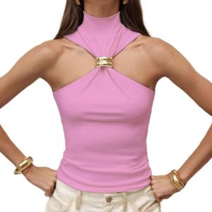 Women Sexy Halter Neck Pleated Twist Front Tank Tops Trendy Slim Fit Sleeveless Hollow Out Halter Top Clubwear (Large, Pink)