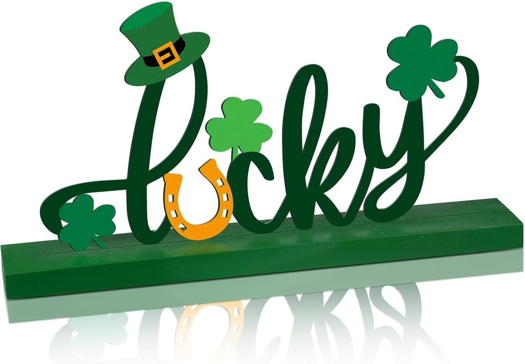 St. Patrick's Day Table Sign Decoration Lucky Metal Tabletop Centerpiece Signs Letter Wood Centerpiece with Clover for St Patrick's Day Tiered Tray Decorations for Irish