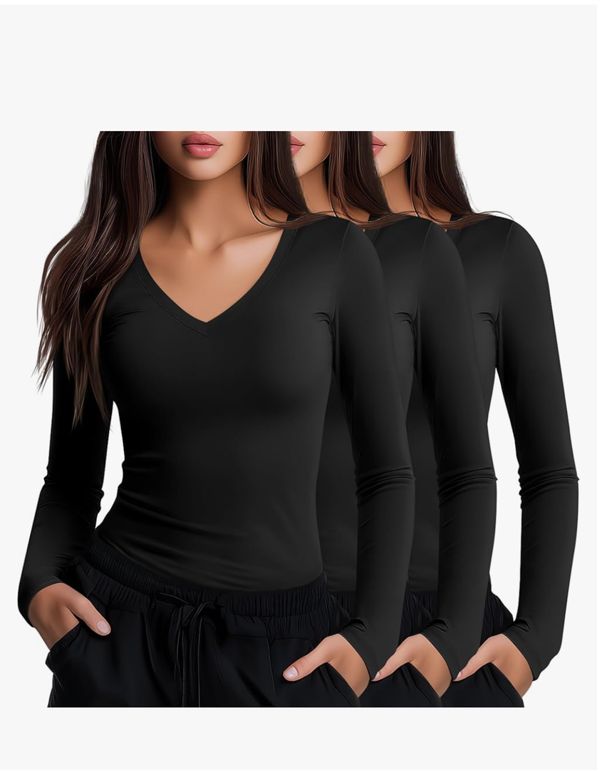 Neer 3 Pack Women Long Sleeve Underscrubs Shirt V Neck Slim Fitted Scrub Undershirts Comfort Nurse Fall Layering Tees Tops, Size XL