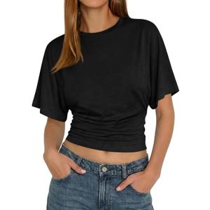 Tankaneo Womens Summer Short Sleeve Crop Tops Cinched Waisted Ruched Top Going Out T Shirts Trendy Casual Basic Tee (Black, M)