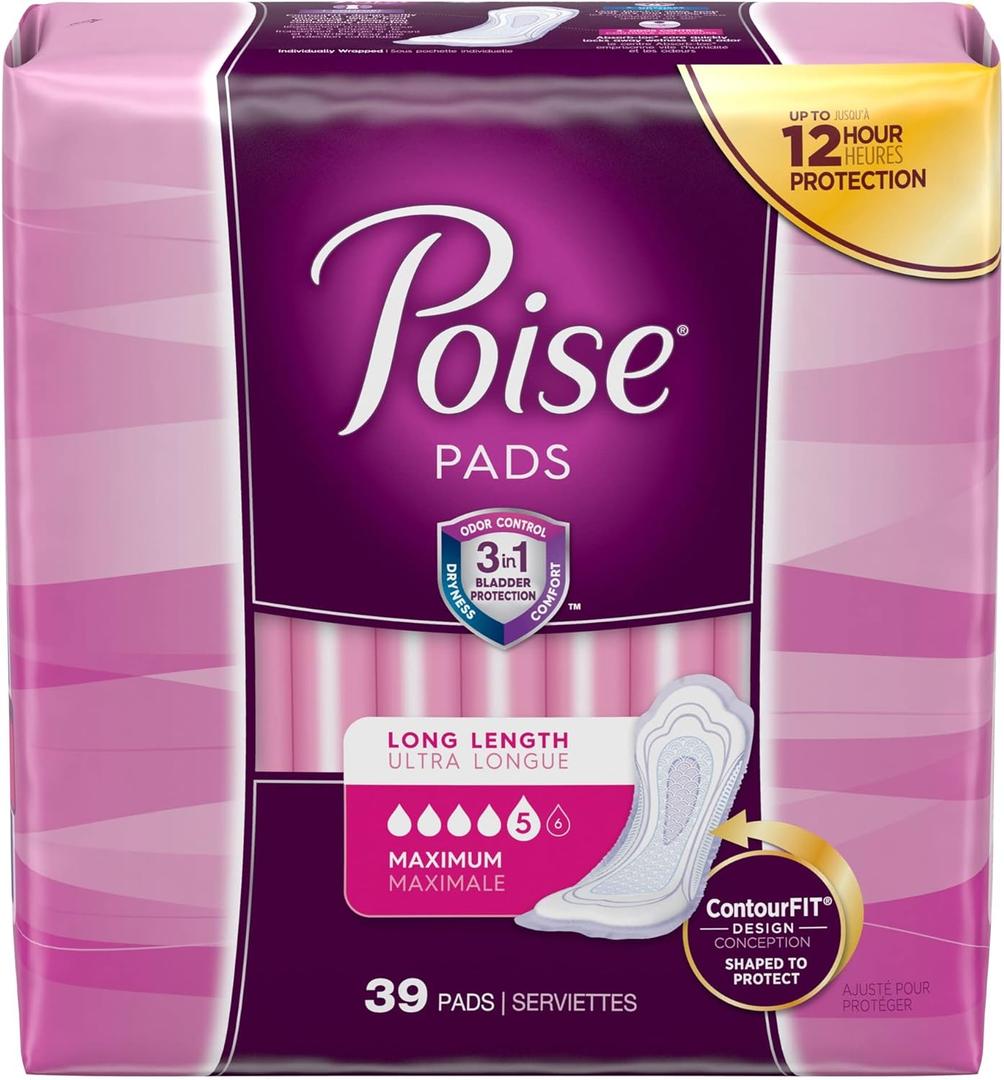 Poise Incontinence Pads, Maximum Absorbency, Long, 39 Count (Pack of 4)